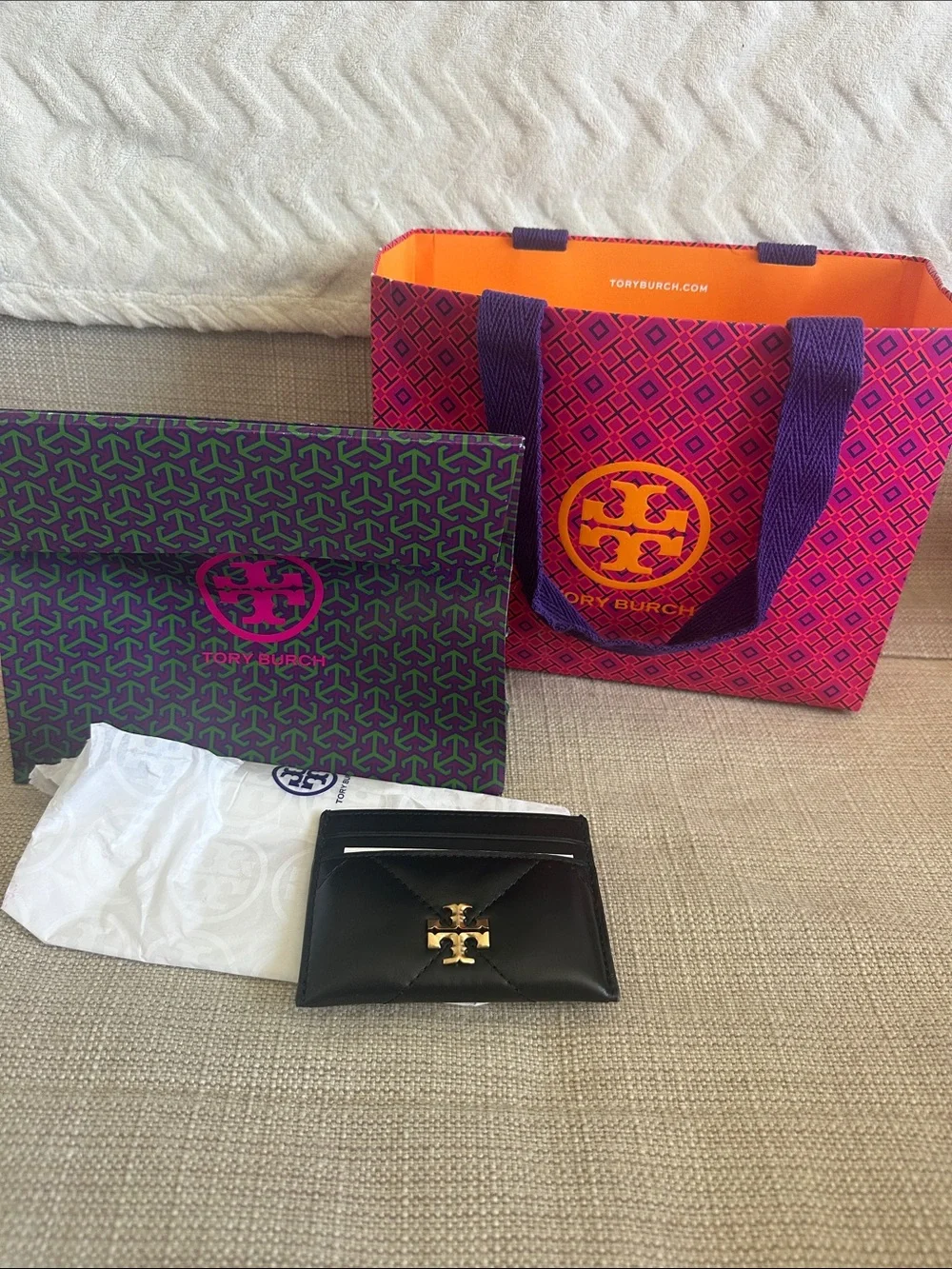 Tory Burch Kira Diamond Quilt Card Case- black with gold logo